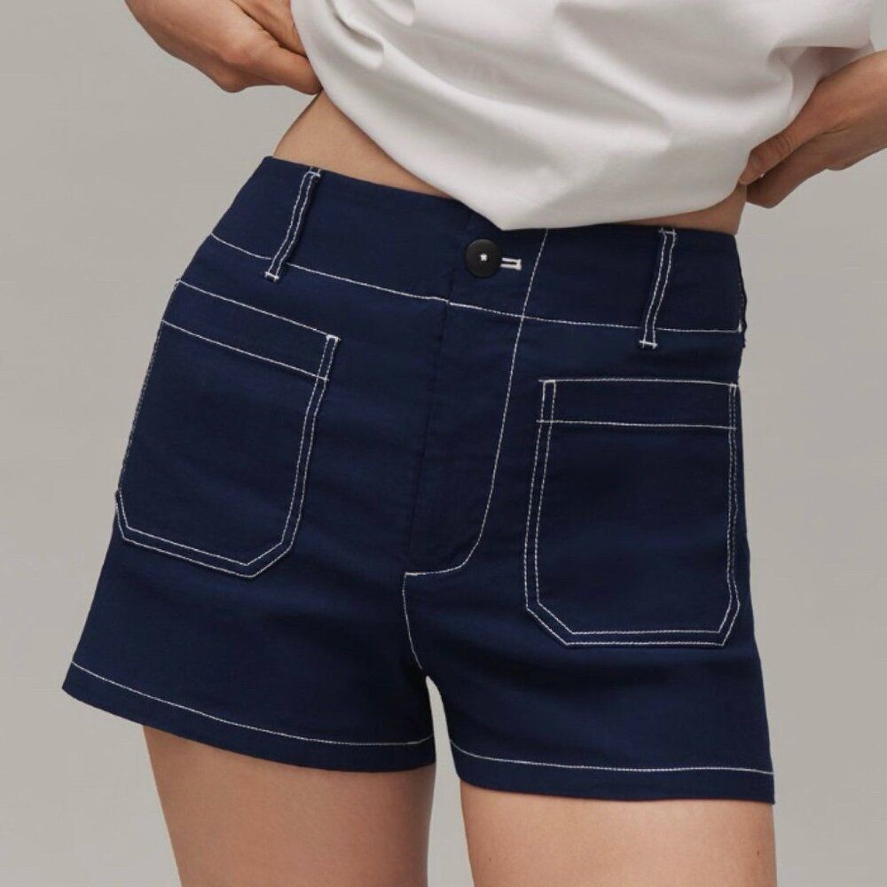 Anthropologie The Colette Contrast-Stitch Shorts Maeve Womens 32 Navy High Rise
